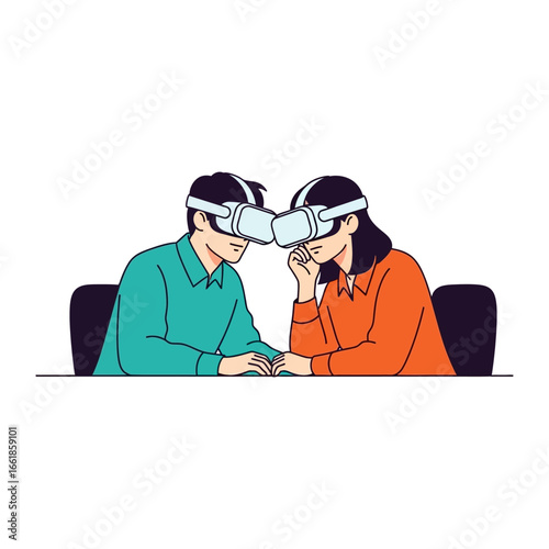 VR Couple in Metaverse: Two individuals connect within a virtual reality world. wearing VR headset, embracing new forms of connection, embodying technological advancements.