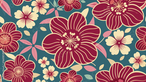 Seamless pattern of stylized Japanese flowers in burgundy cream and pink floral background
