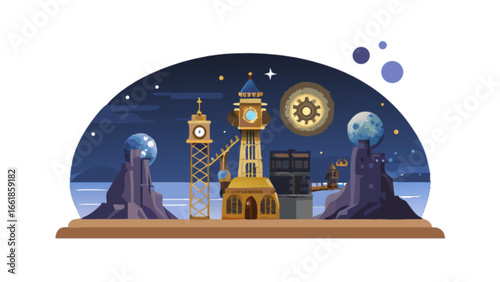 Steampunk city landscape illustration with clock towers and gears vector design resource asset