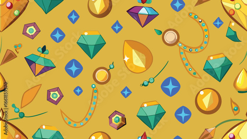 Seamless pattern of colorful gemstones and jewelry on yellow background vector