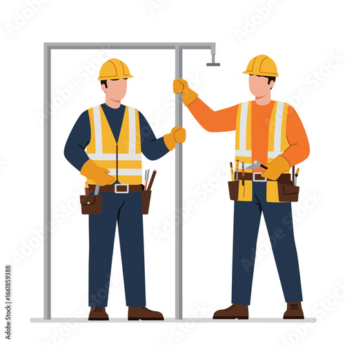 Two diligent construction workers, dressed in bright safety gear, collaborate on an important installation project, demonstrating teamwork and professional craftsmanship.