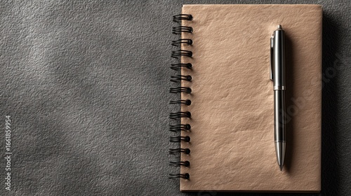Brown spiral notebook with a metallic pen on dark textured background, symbolizing office, study, and note - taking with minimalist elegance.
