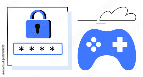 Lock icon above password field next to a game controller with cloud accent. Ideal for gaming security, data protection, account access, digital authentication, parental controls, safeguard, simple