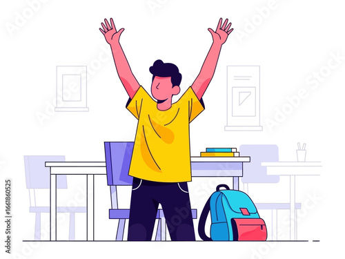 Education's Victor: A young boy, brimming with exuberance, raises his arms in triumph after a school day.