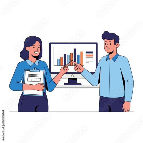 Business Analytics and Discussion: A dynamic duo engages in insightful discussion around a computer screen displaying insightful business analytical charts and data.