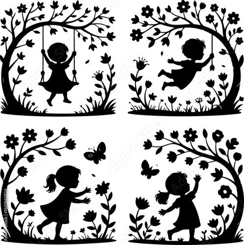 four black and white silhouette illustrations featuring children interacting with nature in whimsical ways
