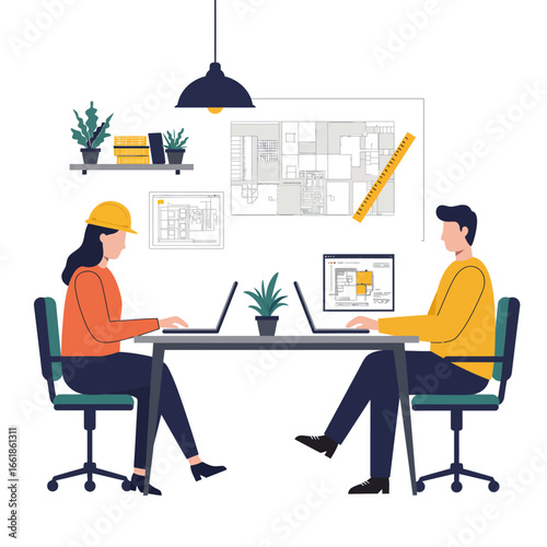 Two dedicated architects collaborate on a new building project, meticulously reviewing blueprints and designs on their laptops in a modern office.