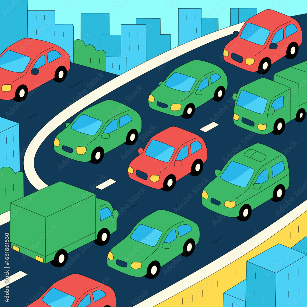 Fototapeta premium Colorful Urban Commute: Illustrative view of a road teeming with diverse vehicles driving along an urban road amid a city landscape, the cars forming a colorful mosaic of movement