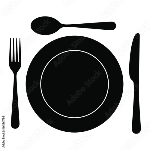 Black silhouette of a place setting with plate fork spoon and knife