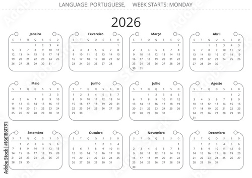 PORTUGUESE calendar for 2026 year. Simple modern vector illustration Portugal