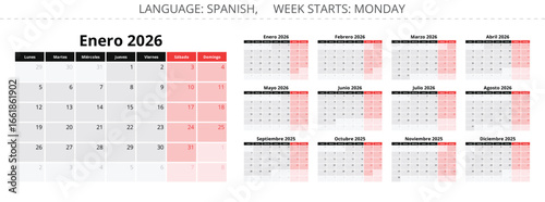 Spanish calendar. Collection of vector illustrations for each month in 2026 year. Spain