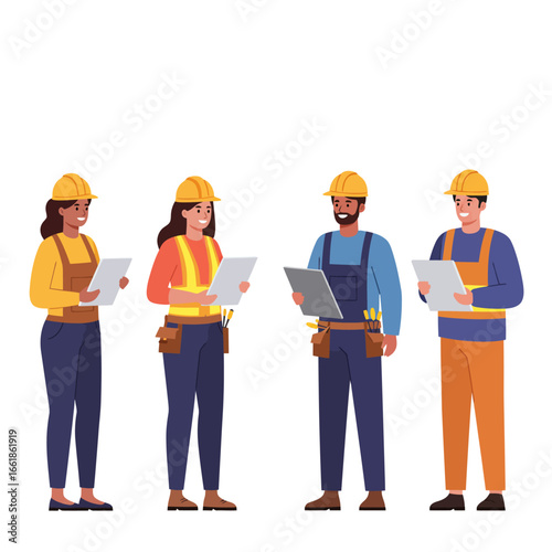 A diverse group of skilled construction professionals, both men and women, diligently reviewing important building plans and project documents together.