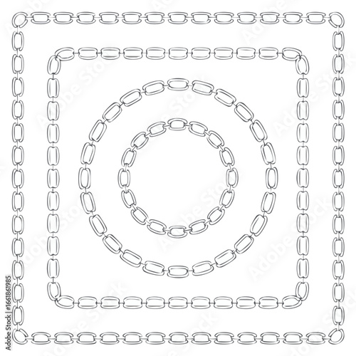 Silver chain link borders and circles on white background frame pattern
