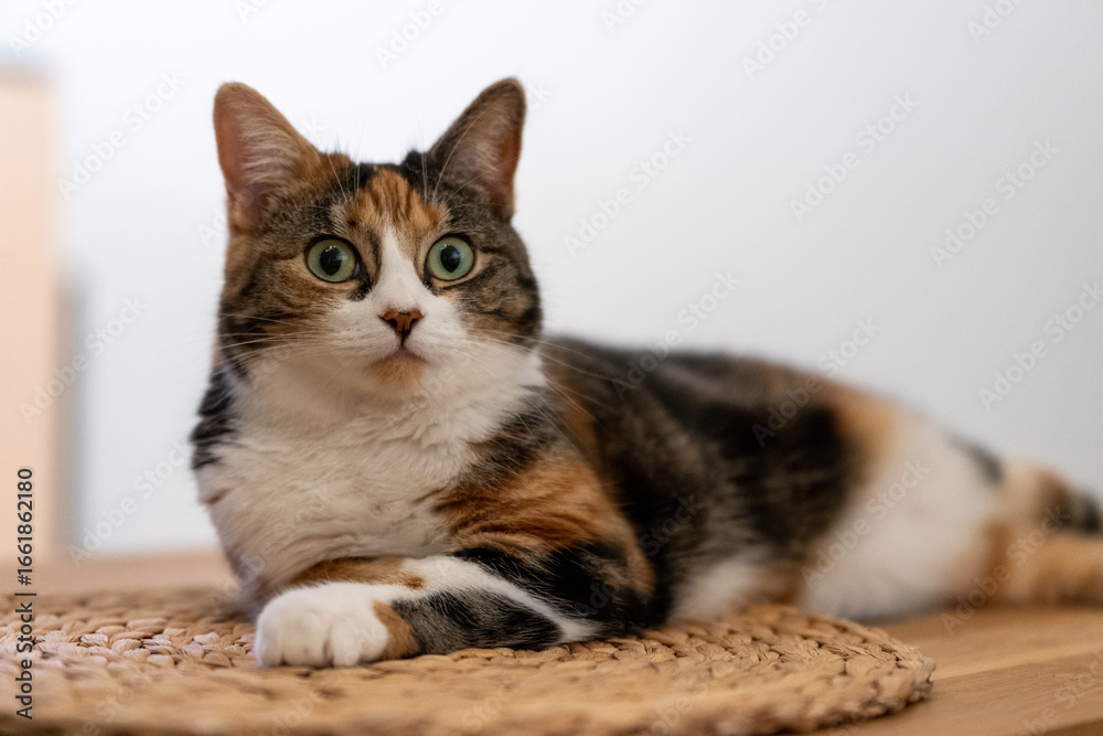 Calm cat on woven mat indoors Calm cat on woven mat indoors