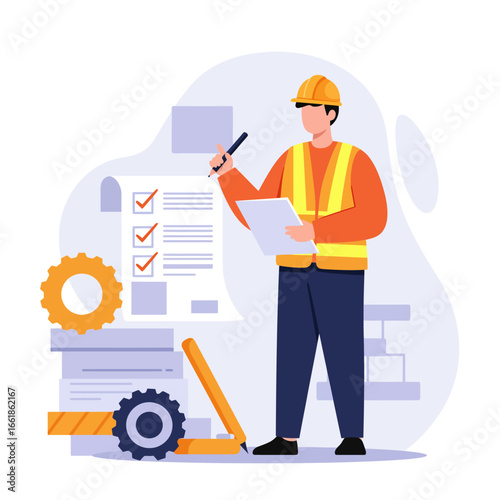 A dedicated construction professional, wearing a hard hat and safety vest, diligently reviews a project checklist for quality assurance and efficient task management.