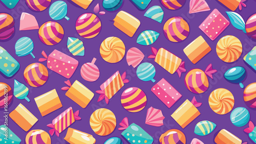 Colorful assorted candies scattered on a purple background seamless pattern candy sweets