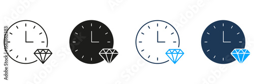 Clock With Diamond Line And Solid Icon Set. Time Management And Luxury Value Symbol Collection. Premium Quality And Wealth Representation. Isolated Vector Illustration
