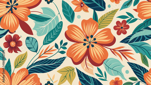 Seamless pattern of orange flowers and teal leaves on cream background floral pattern