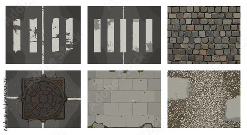 Urban Street Textures Collection Featuring Pedestrian Crossing Cobblestone and Manhole Cover Isolated on Transparent Background