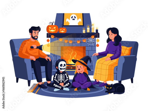 Halloween Family Gathering: A cozy Halloween scene unfolds with a family, each member adorned in themed attire, gathered around a fireplace, embracing the spooky holiday with warmth and togetherness.