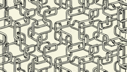 Seamless pattern of interlocking geometric tube shapes in black and off-white abstract