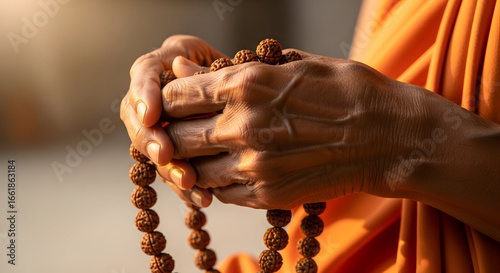 Hands of monk holding rudraksha mala beads during meditation symbol of hindu spirituality and indian religious tradition