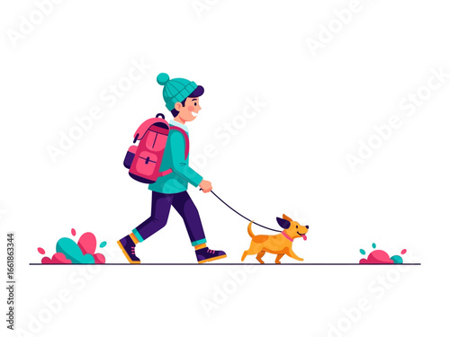 A Man and His Dog's Walk: A cheerful man embarks on a leisurely walk with his loyal dog. This scene evokes the simple joy of companionship and the delight of outdoor exploration.