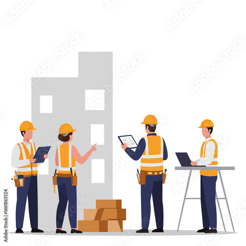 A team of construction workers and engineers collaborate on a building project, reviewing plans and managing tasks on-site with modern tools.