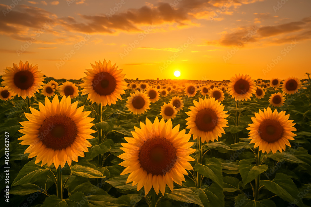 Fototapeta premium Sunflower field at sunset with vibrant yellow blooms and warm colors