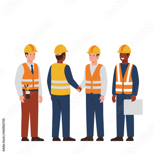 A diverse team of male construction workers and engineers, wearing hard hats and safety vests, are shaking hands, representing successful project collaboration.