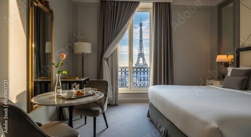 Luxury Parisian Hotel Room with Eiffel Tower View & Morning Table Setting