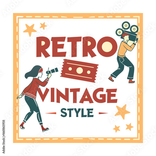 Retro Style Illustration with Man, Camera and Boombox.