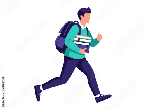 Student Rushing with Books: An illustration of a student swiftly carrying books, backpack in tow, embodies the essence of scholastic hustle.