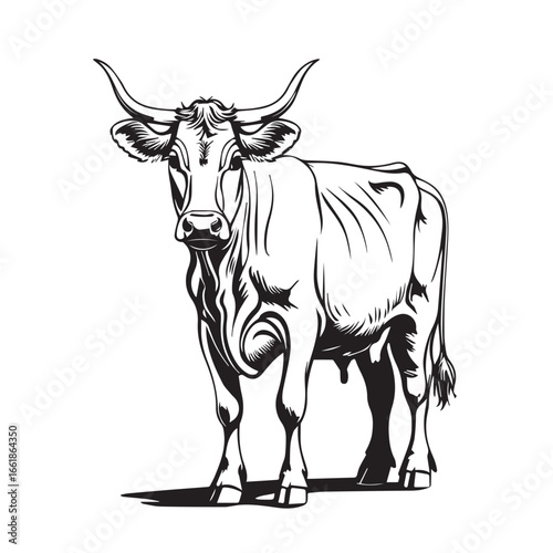 Vector art of a detailed black and white illustration of a bull standing on a white background, isolated on white background