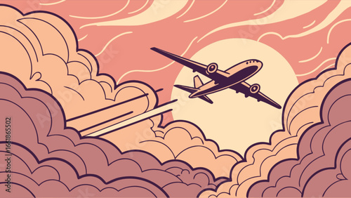 Vintage airplane flying through clouds at sunset illustration for travel and aviation enthusiasts