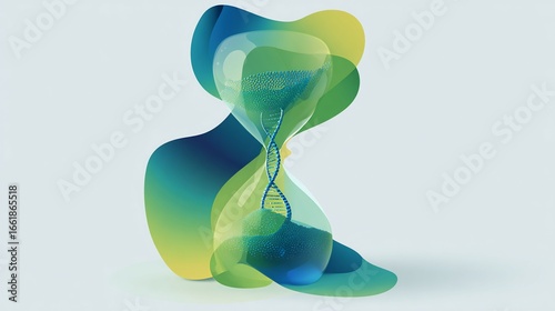 DNA strand within hourglass, with fluid shapes in layered green, yellow, blue