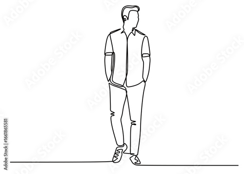 continuous line art of a man in a business suit walking with his hands in his pockets. concept of going to work or coming home from work