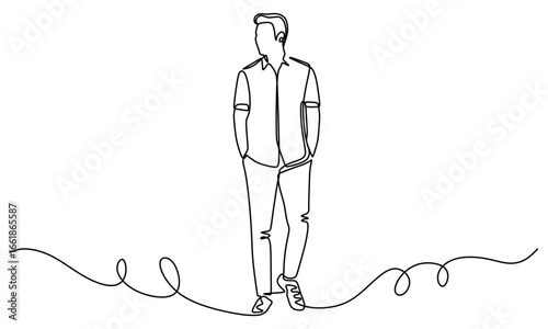 continuous line art of a man in a business suit walking with his hands in his pockets. concept of going to work or coming home from work