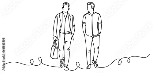 continuous line art of two men in business suits walking with a bag in one hand and the other with his hands in his trouser pockets. concept of going to work or coming home from work
