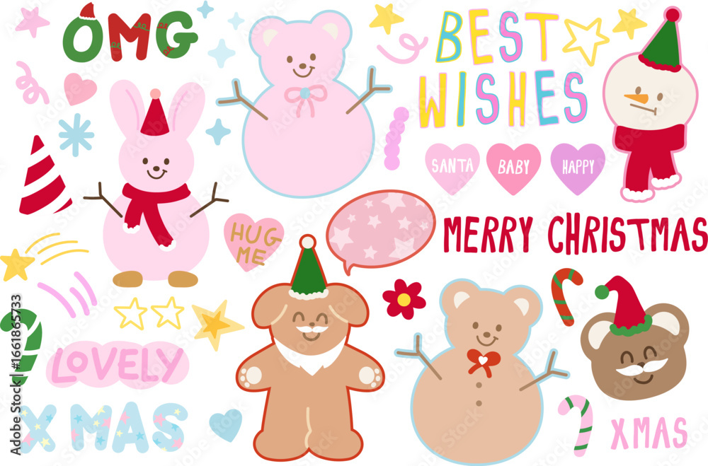 Obraz premium Cute Christmas illustrations of teddy bear as snowman, pink bunny, puppy as Santa Claus, snowman wearing red scarf and party hat, BEST WISHES letters, candy cane for festive winter elements, cartoon