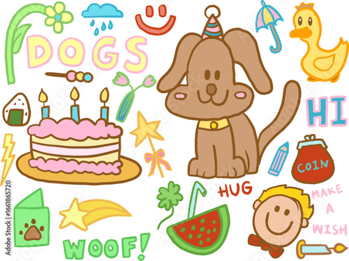 Hand drawn cute vectors of puppy, cake, watermelon and straw, boy, shooting star, duck, cloud and rain, flower, DOG letters, dango, coin purse, clover leaf, umbrella, candle, pencil for decorations