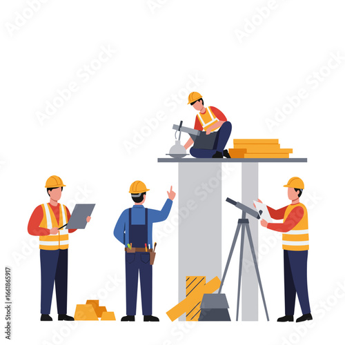 Construction workers in safety gear are actively building, using various tools and surveying equipment, demonstrating teamwork on a dynamic site.