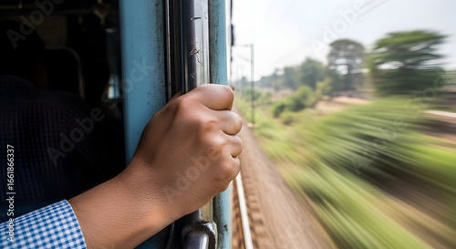 Traveling through India by train with a view of the fast moving landscape from an open door an authentic travel experience