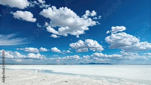 Vivid blue sky with soft fluffy white clouds over a bright sandy beach