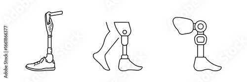 Prosthetic leg icon, artificial limb symbol, medical orthopedics equipment, rehabilitation technology device, disability support tool, healthcare innovation vector illustration.