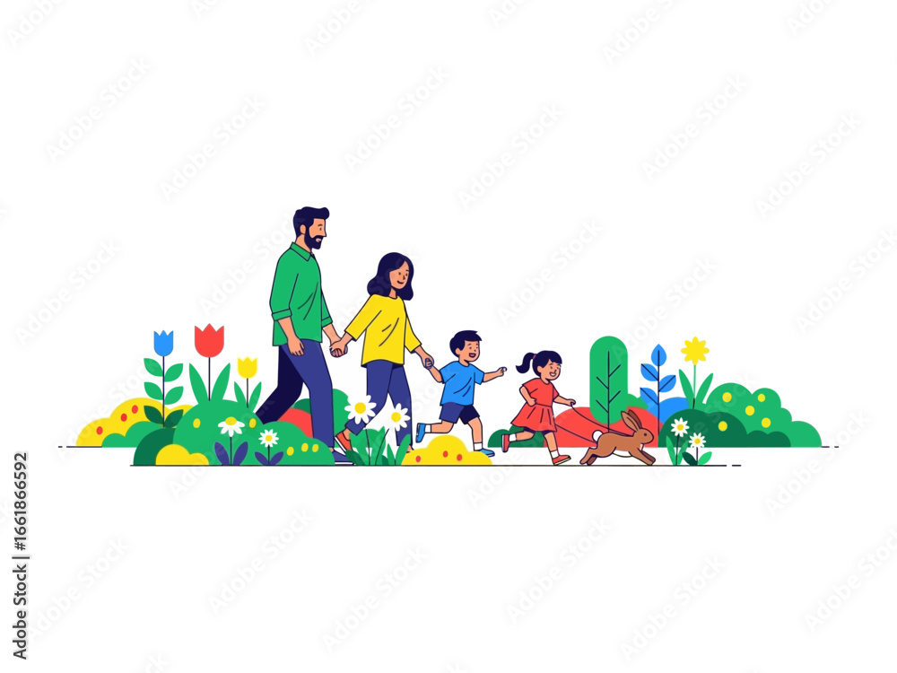 Fototapeta premium Family Stroll in the Garden: A vibrant illustration portrays a family, parents and children, enjoying a leisurely walk through a colorful garden, capturing the essence of togetherness and happiness.