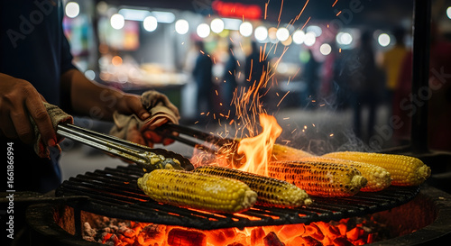 Grilled corn on charcoal fire with sparks at vibrant indian street food market night atmosphere
