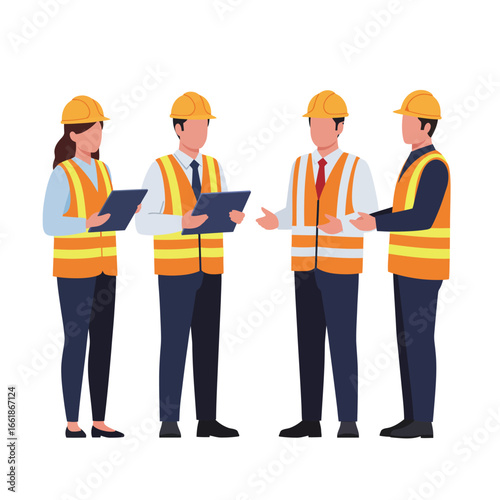 A diverse team of construction engineers and project managers collaborate on site, discussing important plans and safety protocols for a new urban development.
