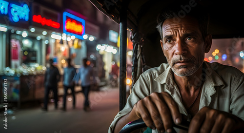 A pensive Indian auto rickshaw driver navigating the bustling city streets at night a portrait of daily life and hard work in India