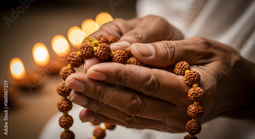 Hands holding rudraksha mala beads with glowing candles during hindu prayer meditation symbol of spirituality and indian religious beliefs
